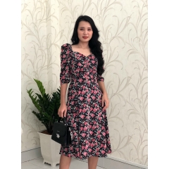 Đầm xòe voan hoa cổ vuông nhún ngực S&M GR192 - Hình thật do shop chụp