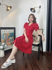 Đầm xòe cổ lá sen tay phồng đính nẹp đính nút - GR0217 (hình thật shop chụp)