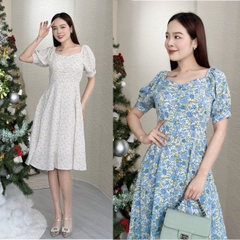 Đầm xòe hoa nhí vai thun đính nút - GR0249
