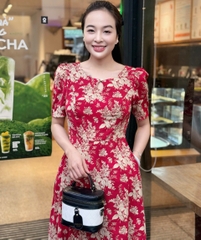 Đầm xòe họa tiết hoa, cổ giọt nước đính nút, có túi - GR0279