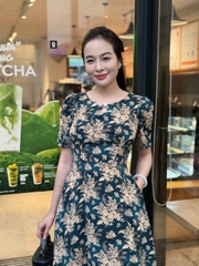 Đầm xòe họa tiết hoa, cổ giọt nước đính nút, có túi - GR0279
