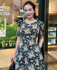 Đầm xòe họa tiết hoa, cổ giọt nước đính nút, có túi - GR0279