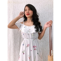 Đầm xòe rớt vai hoa trắng - GR0175