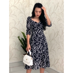 Đầm xòe voan hoa cổ vuông nhún ngực S&M GR192 - Hình thật do shop chụp