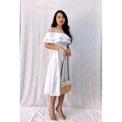 Đầm xòe bẹt vai form dài cổ phối bèo màu trắng, tùng 3 tầng trẻ trung, xinh đẹp, giá rẻ GR189 - Hình thật shop chụp