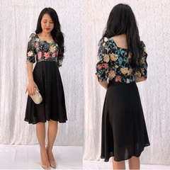 Đầm xòe họa tiết hoa S&M cổ vuông, tay lửng sang trọng, giá rẻ, có bigsize - GR159 - Hình thật shop tự chụp
