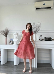 Đầm xòe hoa nhí rút ngực tay phồng bo thun - GR0225