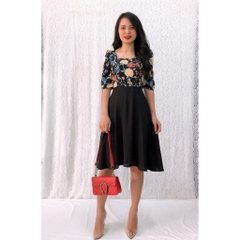 Đầm xòe họa tiết hoa S&M cổ vuông, tay lửng sang trọng, giá rẻ, có bigsize - GR159 - Hình thật shop tự chụp