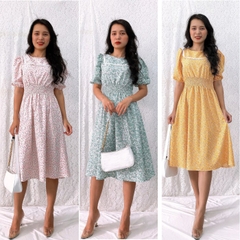 Đầm xòe dài hoa nhí S&M nhún thun eo, cổ phối ren siêu xinh GR178- Hình thật shop chụp