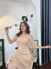 Đầm xòe cổ lá sen tay phồng đính nẹp đính nút - GR0217 (hình thật shop chụp)