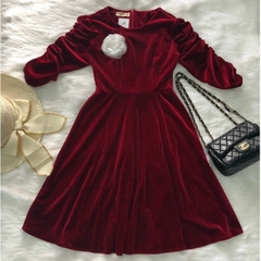 Đầm xòe nhung S&M cổ tròn tay nhún đính hoa hồng - GR153