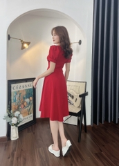Đầm xòe cổ lá sen tay phồng đính nẹp đính nút - GR0217 (hình thật shop chụp)