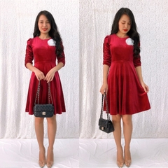Đầm xòe nhung S&M cổ tròn tay nhún đính hoa hồng - GR153