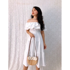 Đầm xòe bẹt vai form dài cổ phối bèo màu trắng, tùng 3 tầng trẻ trung, xinh đẹp, giá rẻ GR189 - Hình thật shop chụp