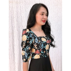Đầm xòe họa tiết hoa S&M cổ vuông, tay lửng sang trọng, giá rẻ, có bigsize - GR159 - Hình thật shop tự chụp