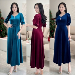 Đầm nhung đính dây đá, form dài, tay phồng - GR0296