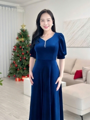 Đầm nhung đính dây đá, form dài, tay phồng - GR0296