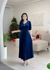 Đầm nhung đính dây đá, form dài, tay phồng - GR0296
