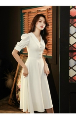 Đầm xòe trắng dự tiệc cổ bẻ đính nút sang trọng, dáng đẹp, giá rẻ GR186