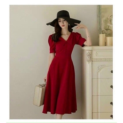 Đầm xòe form dài cổ bẻ đính nút S&M cực xinh, giá rẻ GR169