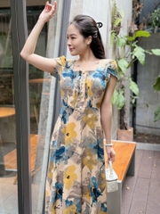Đầm xòe hoa nhí form dài, cổ vuông xếp ly bèo, tay búp sen - GR0243