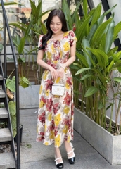 Đầm xòe hoa nhí form dài, cổ vuông xếp ly bèo, tay búp sen - GR0243