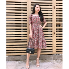 Đầm xòe hoa nhí S&M cổ vuông, rút dây eo - GR0100