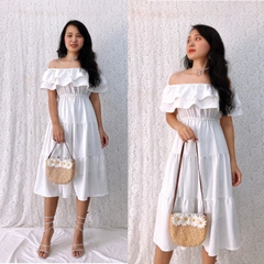 Đầm xòe bẹt vai form dài cổ phối bèo màu trắng, tùng 3 tầng trẻ trung, xinh đẹp, giá rẻ GR189 - Hình thật shop chụp