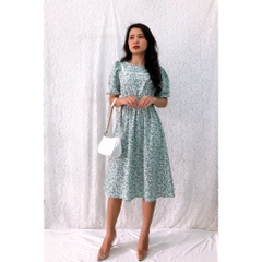 Đầm xòe dài hoa nhí S&M nhún thun eo, cổ phối ren siêu xinh GR178- Hình thật shop chụp