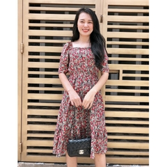 Đầm xòe hoa nhí S&M cổ vuông, rút dây eo - GR0100