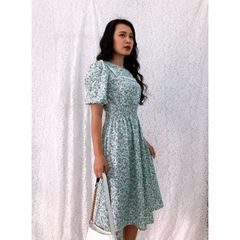 Đầm xòe dài hoa nhí S&M nhún thun eo, cổ phối ren siêu xinh GR178- Hình thật shop chụp