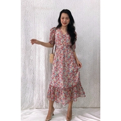Đầm xòe voan hoa cổ tim tay phồng nhún bèo lai S&M GR193 - Hình thật do shop chụp
