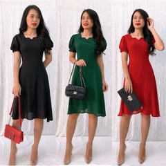Đầm Xòe Voan Chiffon S&M Cổ Bẻ Đính Nút Tôn Dáng, Xinh Đẹp, Giá Rẻ GR156