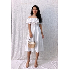 Đầm xòe bẹt vai form dài cổ phối bèo màu trắng, tùng 3 tầng trẻ trung, xinh đẹp, giá rẻ GR189 - Hình thật shop chụp