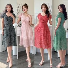 Đầm xòe hoa nhí rút ngực tay phồng bo thun - GR0225