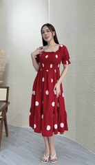 Đầm xòe nhún thun chấm bi tay phồng - GR0164