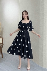 Đầm xòe nhún thun chấm bi tay phồng - GR0164