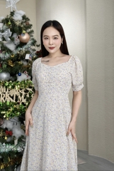 Đầm xòe hoa nhí vai thun đính nút - GR0249
