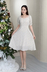 Đầm xòe hoa nhí vai thun đính nút - GR0249