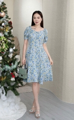 Đầm xòe hoa nhí vai thun đính nút - GR0249