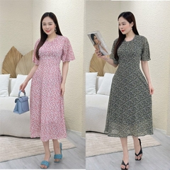 Đầm xòe hoa nhí cổ tròn xếp ngực, tay bèo - GR0250