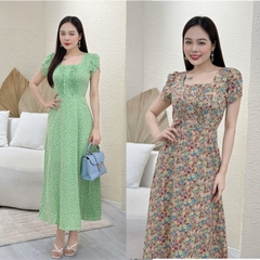 Đầm xòe hoa nhí form dài, cổ vuông xếp ly bèo, tay búp sen - GR0243