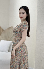 Đầm xòe hoa nhí form dài, cổ vuông xếp ly bèo, tay búp sen - GR0243