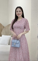 Đầm xòe hoa nhí cổ tròn xếp ngực, tay bèo - GR0250