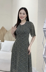 Đầm xòe hoa nhí cổ tròn xếp ngực, tay bèo - GR0250