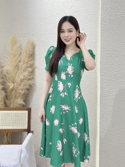 Đầm xòe hoa đính nút, tay phồng - GR0254