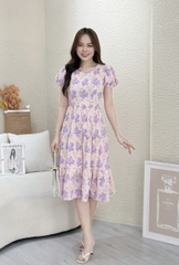 Đầm xòe hoa tay phồng bo thun, bèo tầng - GR0267