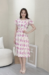 Đầm xòe hoa tay phồng bo thun, bèo tầng - GR0267