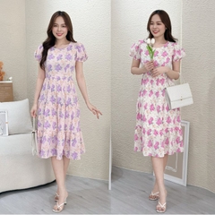 Đầm xòe hoa tay phồng bo thun, bèo tầng - GR0267