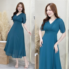 Đầm xòe form dài, xếp ly ngực, tay xẻ - GR0275